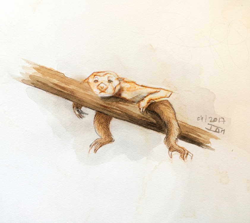 Singe — Parc de la Tête d'Or, Lyon. Étude à la sanguine sur papier, un jeune singe allongé sur une branche, la tête tournée vers le visiteur.